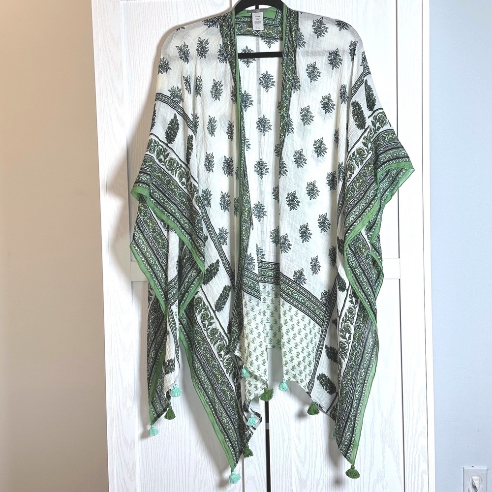 J. Jill Lightweight Kimono‎ Ariana Green Block Print Cotton Boho Tassel OS